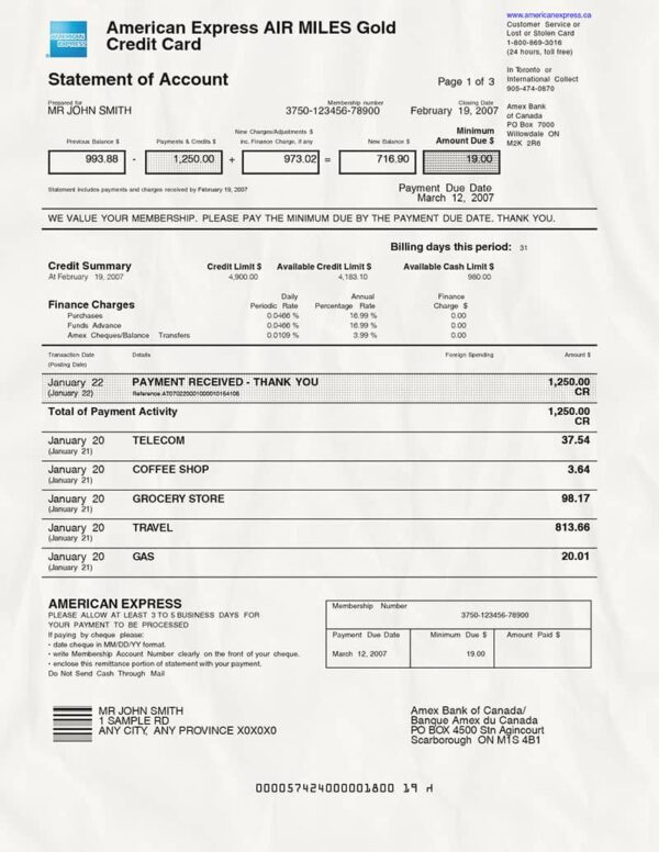 Amex Air Miles Gold Card Statement Template – Psd File