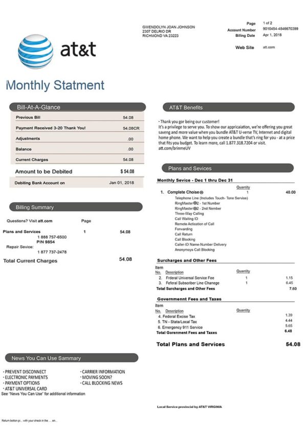 USA AT&T Utility Bill Template Proof of address