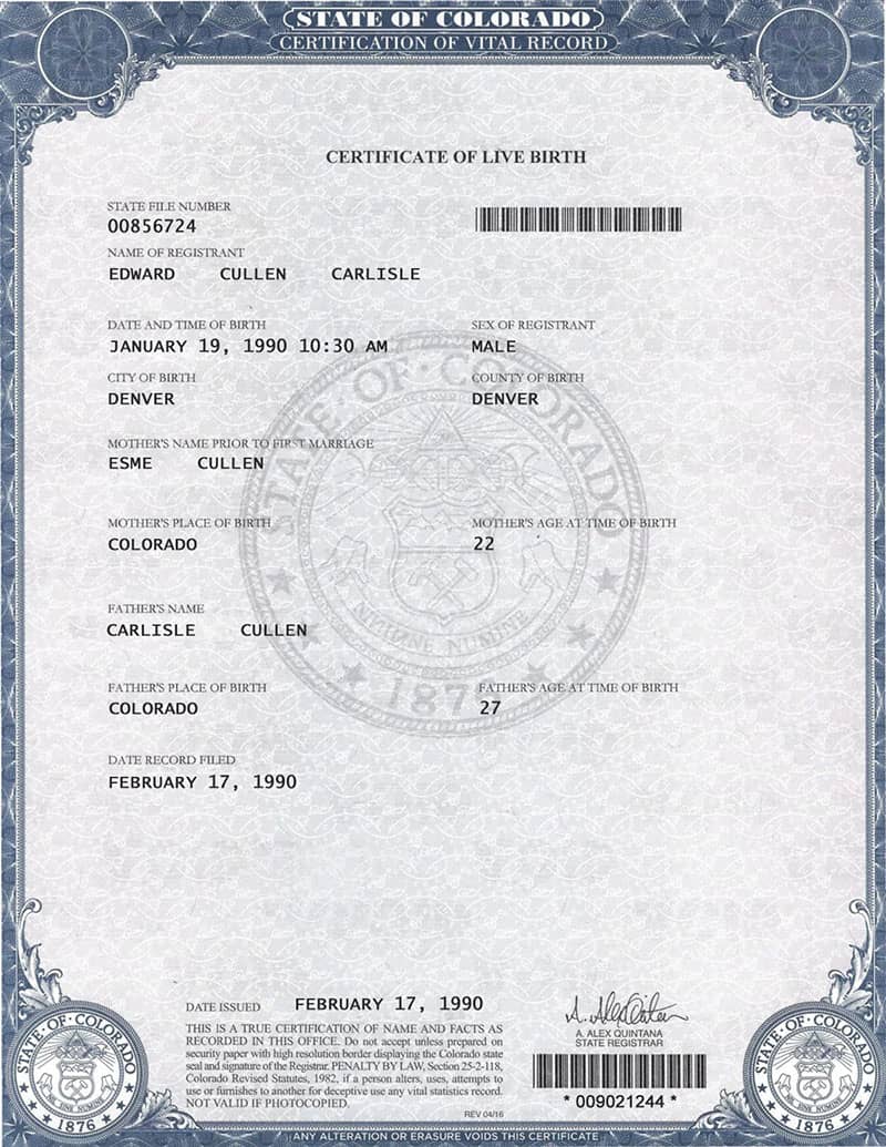 USA Colorado Birth Certificate Template PSD File