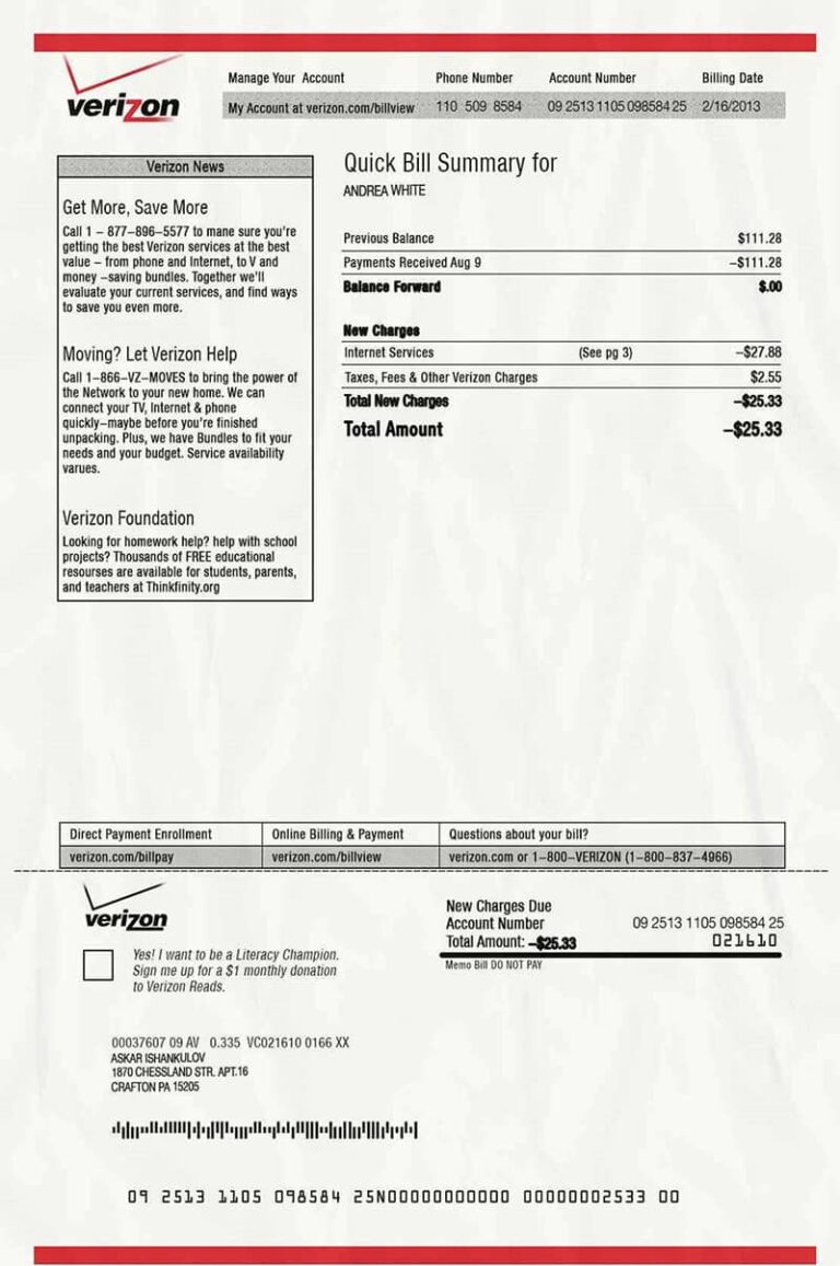 USA Utility Bill Template (Verizon) Proof of address